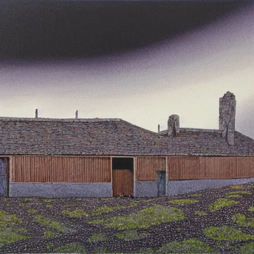 Image similar to painting by peter elson of structures with tile roofs, and peaked wooden roofs, structures blackened to some degree by a patina of soot. structures darkest at the top, where the ash gathered, but rainwaters and evening condensations had carried the stains over ledges and down walls in an uneven gradient.