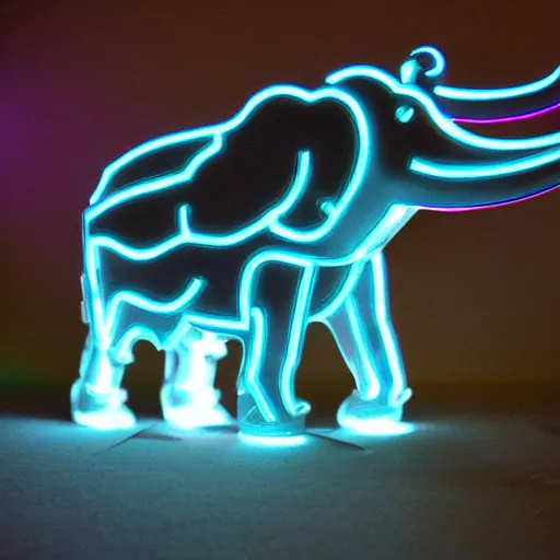 Image similar to a cybertronic elephant made of metal, glowing led tusks