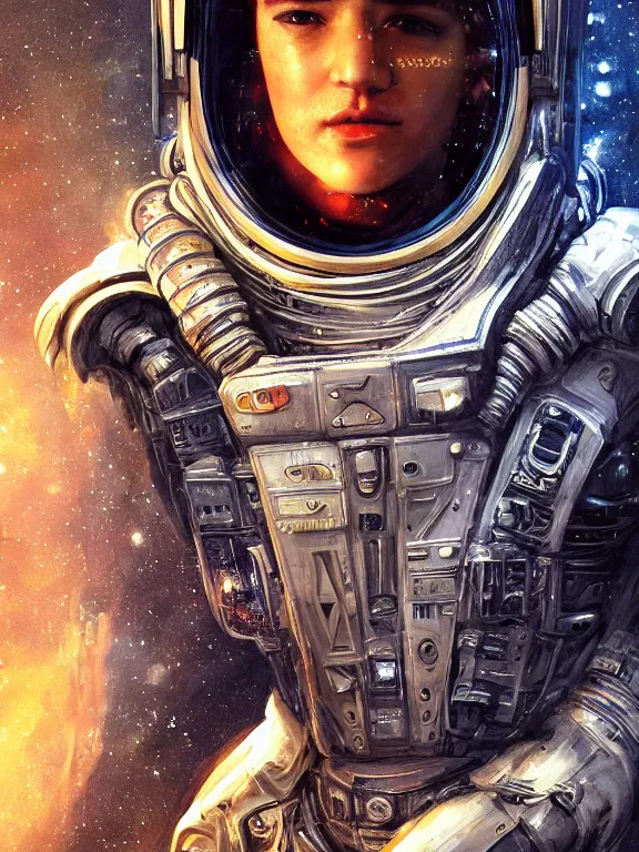 Image similar to portrait art of 8k ultra realistic retro futuristic astronaut , galaxy reflected helmet , detailed intricate ornate armour,blade runner, cybernetic, full of colour, cinematic lighting, battered, trending on artstation, 4k, hyperrealistic, focused, extreme details,unreal engine 5, cinematic, masterpiece, art by ayami kojima, giger