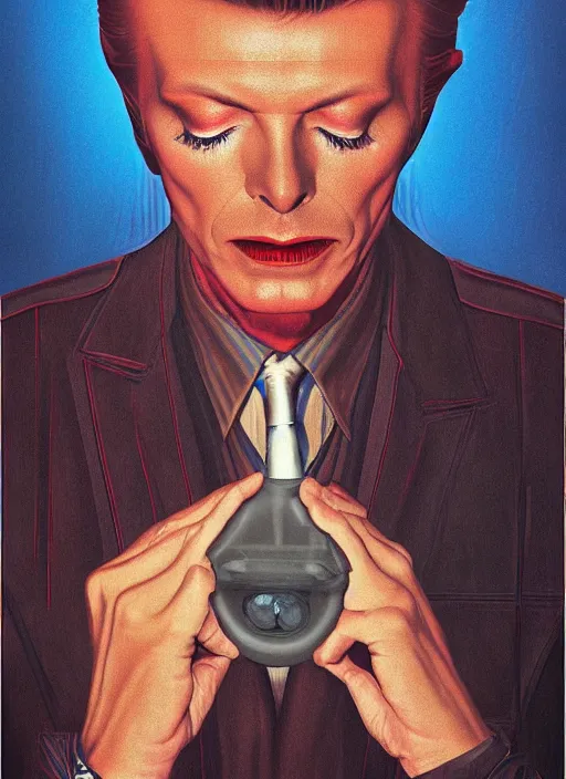 Image similar to twin peaks poster art, portrait of david bowie fbi agent enters sensory deprivation, by michael whelan, rossetti bouguereau, artgerm, retro, nostalgic, old fashioned