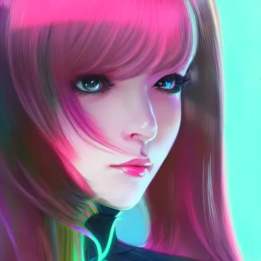 Image similar to portrait, long hair cyber princess, matte print, pastel neon, digital art, cute, digital painting, very very very very elegant, pixiv, by Ilya Kuvshinov and artgerm and Ross Tran, daily deviation, masterpiece portrait, trending on artstation, IAMAG