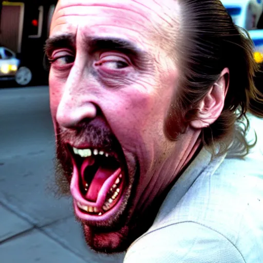 Prompt: uhd candid photo of dirty, homeless nicholas cage ranting maniacally in the street. skid row. correct face, accurate face, exaggerated features, intricate details, hyperdetailed, accurate face. photo by annie leibowitz