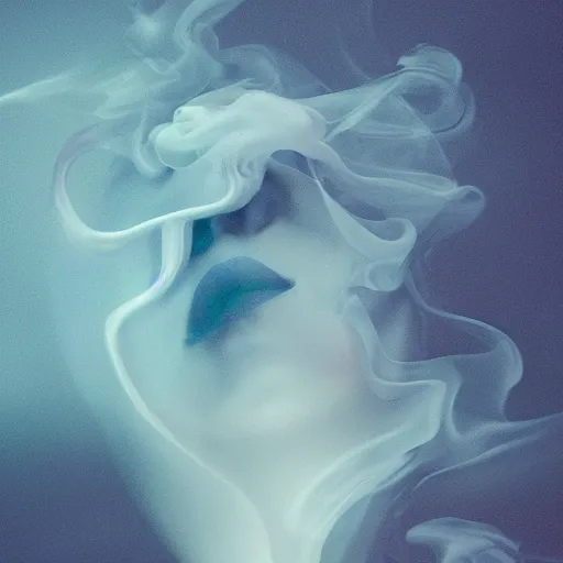 Image similar to A beautiful form made of pale blue smoke in the style of Aldo Katayanagi + Thick Milky Smoke + Mother Of Pearl +Milk and ink+ Creamy smoky Elements + Moody Cinematic Lighting + Deep Shadows + Hyper Realistic + Intricate Eldritch tendrils + 8K portrait + fluid dynamics