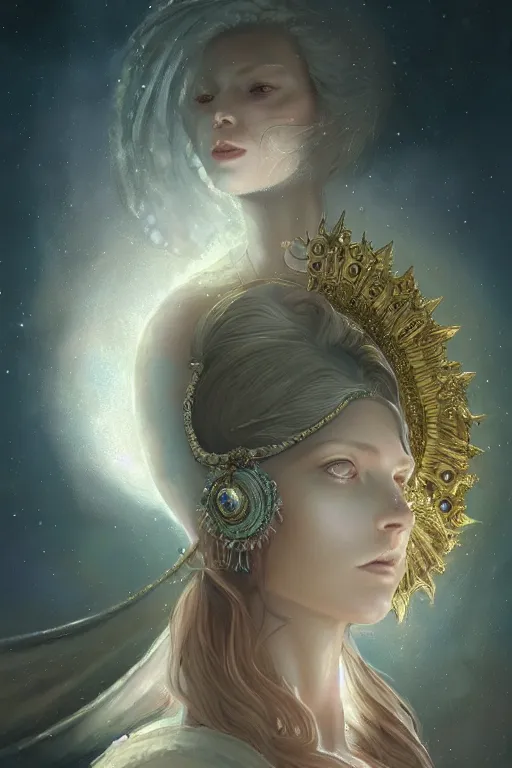 Image similar to A beautiful digital painting of a female Seraphim full of jewels, princess, the moon behind her, intricate, cinematic lighting, highly detailed, digital painting, Artstation, concept art, smooth, sharp focus, illustration, art by Tom Bagshaw, Artgerm and Greg Rutkowski