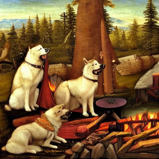 Image similar to alaskan malamute behind campfire in medieval setting, as a renaissance painting