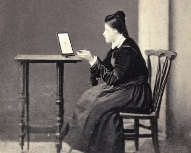 Image similar to an early 1800s photo of someone watching tiktok on their iphone