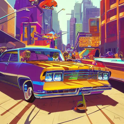 Image similar to swagger! lowrider culture, living large in the city by tyler edlin, new york 1 9 7 0, editorial, bold colors, detailed, bold colors, incredible lighting, great composition, artstation