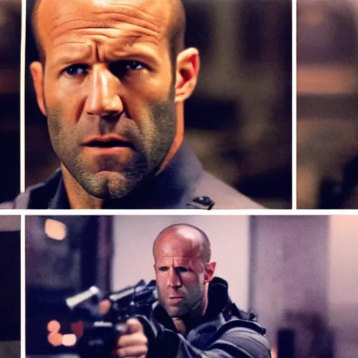 Prompt: film still of jason statham as cop in diehard movie, cinematic screen, middle shot