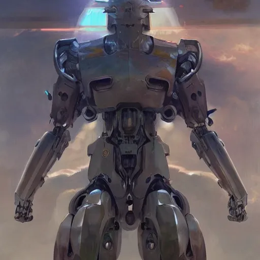 Image similar to a full length portrait of a giant autonomous polished steel battle mecha, a moody sci - fi painting art by artgerm and greg rutkowski and alphonse mucha, trending on artstation, smooth arstation, detailed, highly detailed matte painting, cinematic