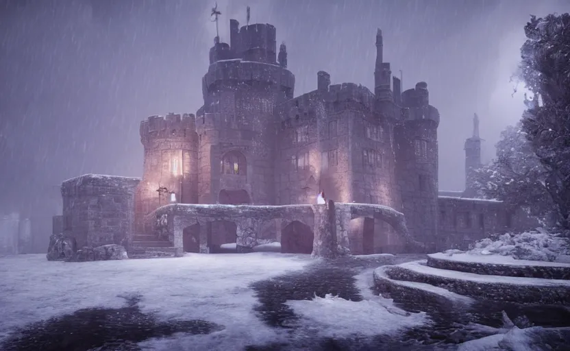 Image similar to magnificent castle besides the sea in the snowstorm at dark night, doomy, Unreal Engine, cinematic photography, highly-detailed, games of thrones, HBO, high resolution, 8k, photorealistic, stunning volumetric lighting