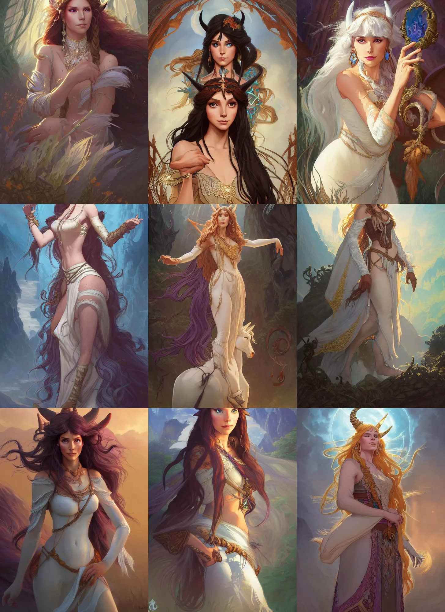 Prompt: characters from the last unicorn combined with pocahontas, d & d, fantasy, intricate, elegant, highly detailed, digital painting, artstation, concept art, matte, sharp focus, illustration, hearthstone, art by artgerm and greg rutkowski and alphonse mucha