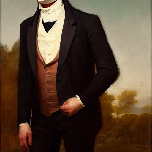 Image similar to portrait of a man wearing a black suit jacket and with amazon milk frog as his head, tan vest, and white ascot, an american romanticism painting, a portrait painting, cgsociety, soft focus, oil on canvas