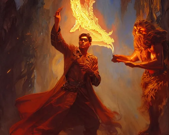 Image similar to attractive male wizard casting powerful fire spell. highly detailed painting by gaston bussiere, craig mullins, j. c. leyendecker 8 k