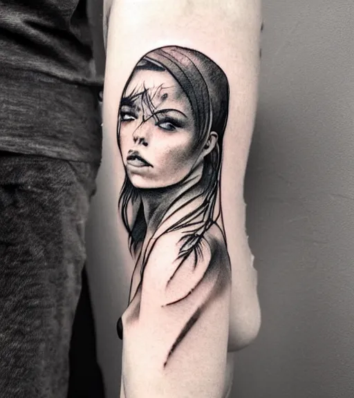 Image similar to tattoo design sketch of an extremely beautiful woman face with a background of beautiful mountains on her side, hyper - realistic, double exposure effect, in the style of den yakovlev, amazing detail, black and white, faded