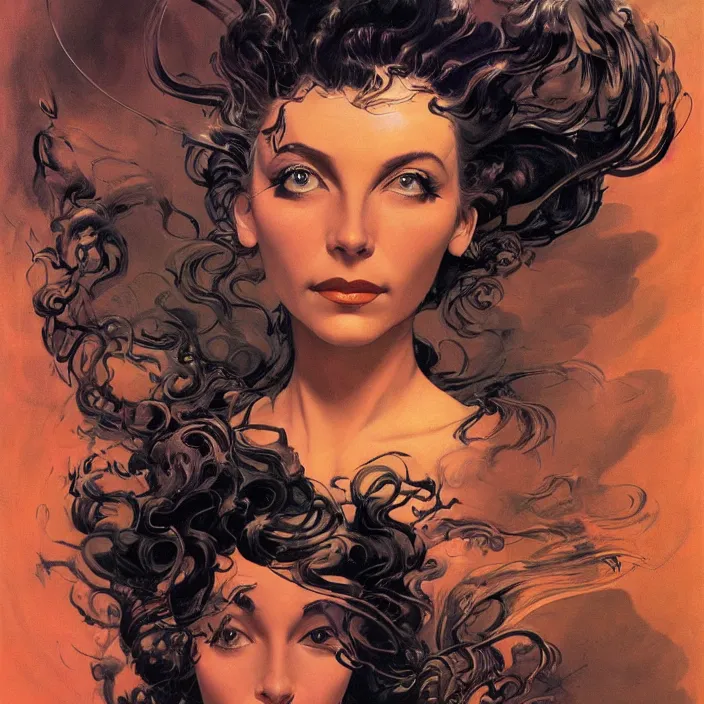 Image similar to portrait of a woman with swirling hair and fractal skin by frank frazetta, retrofuturism, psychedelic art reimagined by industrial light and magic