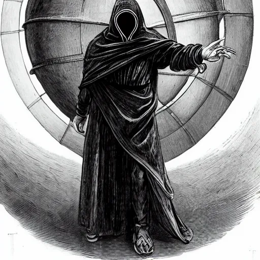 Image similar to a mysterious hooded man with face shrouded in darkness standing before the ruin of an enormous armillary sphere, dark and forboding, concept art