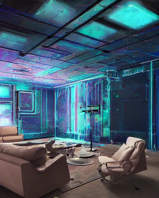 Image similar to artstation scifi scene of a safe room as ikea ad, lounge furniture, sky mural on the room ceiling, holographic glitchart walls, windows, large terrarium, paneled walls, unreal engine 5, hyper realism, realistic shading, cinematic composition, blender render, octane render, hdr, detailed textures, photorealistic, wide shot
