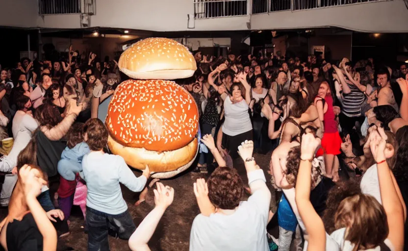 Image similar to a crowd of people dancing in a party around a giant hamburger,