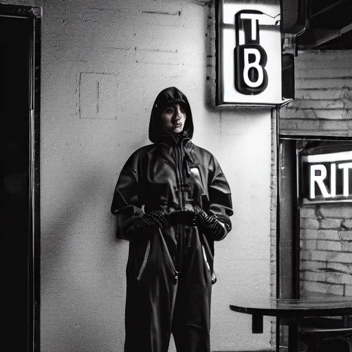 Image similar to photograph of a retro techwear women loitering near the bar of a packed busy rundown nightclub, retrofuturism, brutalism, cyberpunk, sigma 85mm f/1.4, 35mm, tilted frame, long exposure, 4k, high resolution, 4k, 8k, hd, wide angle lens, highly detailed, full color