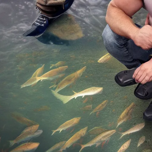 Prompt: ultra detailed photo, man wearing shoes made out of fish