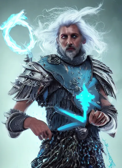 Prompt: A striking epic hyper real portrait painting of aasimar hexblade warlock, teal electricity, male, shaggy silver hair, short beard, 4k, 8k, Apex Legends Concept Art, D&D Concept Art, unreal 5, DAZ, hyperrealistic, octane render, cosplay, RPG portrait, dynamic lighting