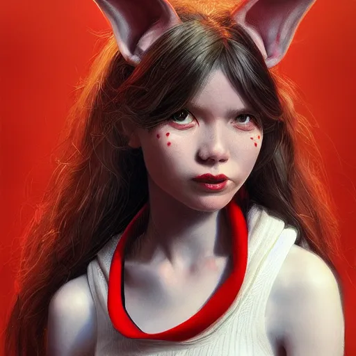 Prompt: Goblin Female portrait, Red Scarf, hatched ear, golden earring, white background, by Horace Hsu, Tony Sart, Miles Johnston, highly detailed, digital illustration, concept art, trending on artstation