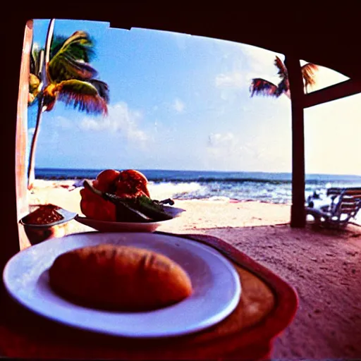 Image similar to breakfast at the porch of a beach house in rio de janeiro in the 8 0 s, photograph, 8 mm