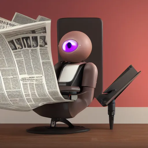 Image similar to futuristic studious matte brown and red full-body humanoid robot with two huge round expressive sad purple glowing LED eyes and open rectangular mouth sitting on a large comfortable cushioned 1950s vintage recliner reading a newspaper. open newspaper. Cinematic Movie Photograph, Arri Alexa, Extremely Detailed, smooth, very very clean, 8K, octane render, maya render, unreal engine, trending on artstation, DSLR, excellent composition, center frame