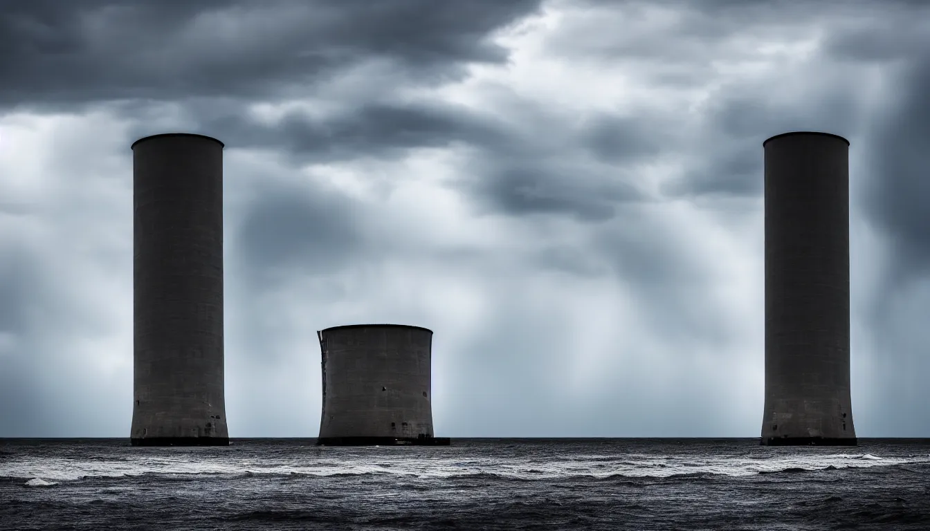 Image similar to lonely nuclear silo on the island, lake, windy waves, raining, storm, distant thunder, atmospheric, scary, claustrophobic, ambient vibe, very detailed, high resolution, 8 k