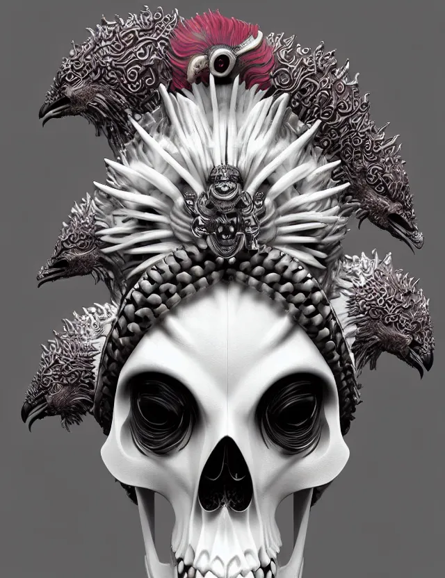 Image similar to 3 d goddess close - up profile simple portrait punk skull with mohawk with ram skull. beautiful intricately detailed japanese crow kitsune mask and clasical japanese kimono. betta fish, jellyfish phoenix, bio luminescent, plasma, ice, water, wind, creature, artwork by tooth wu and wlop and beeple and greg rutkowski