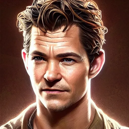 Prompt: A combination of Tom Holland's and Orlando Bloom's and Chris Pine's faces as Nathan Drake, western, D&D, fantasy, intricate, elegant, highly detailed, digital painting, artstation, concept art, matte, sharp focus, illustration, art by Artgerm and Greg Rutkowski and Alphonse Mucha