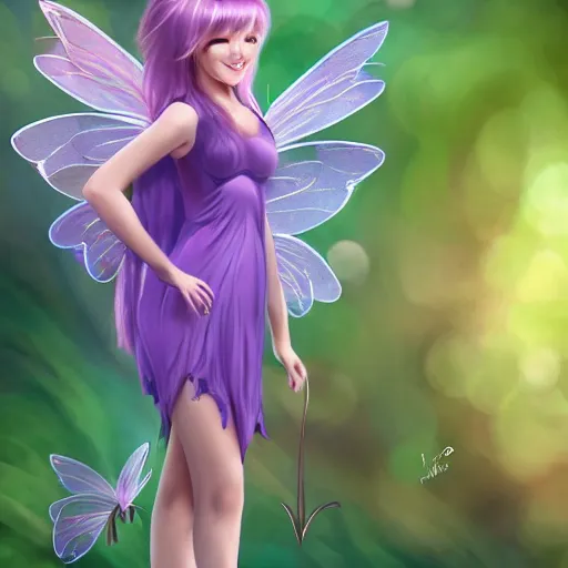 Prompt: very very very beautiful tiny fairy woman in her 20s with fairy wings wearing skintight purple dress, making eye contact, smiling, flirty, perfect body, perfect face, drawn by WLOP