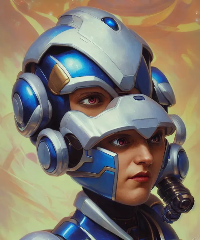 Image similar to futuristic megaman X portrait, sci-fi steampunk, fantasy, intricate, elegant, highly detailed, digital painting, artstation, concept art, smooth, sharp focus, illustration, art by artgerm and greg rutkowski and alphonse mucha