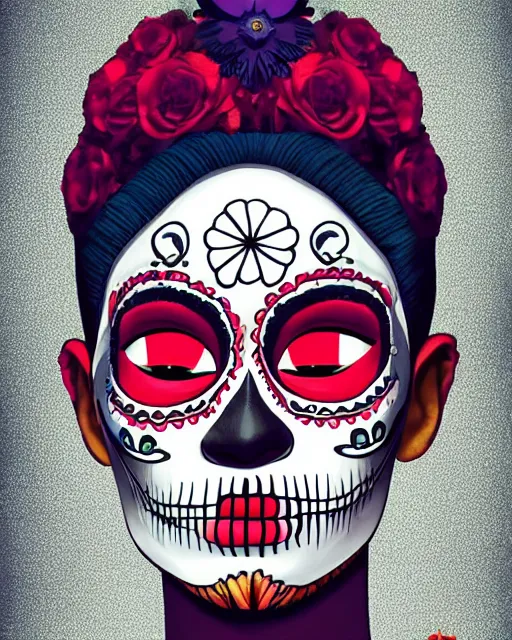 Image similar to dia de los muertos theme poster art by artemio rodriguez, aida muluneh, and gustave bauman, intricate, accurate facial details, profile picture, artgerm, retro, nostalgic, old fashioned, posterized color