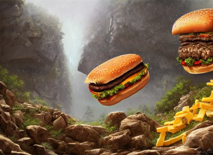 Prompt: a huge cliff with cheeseburgers pouring off it in a rain of cheeseburgers, nature painting, elegant intricate digital painting artstation concept art by mark brooks and brad kunkle detailed