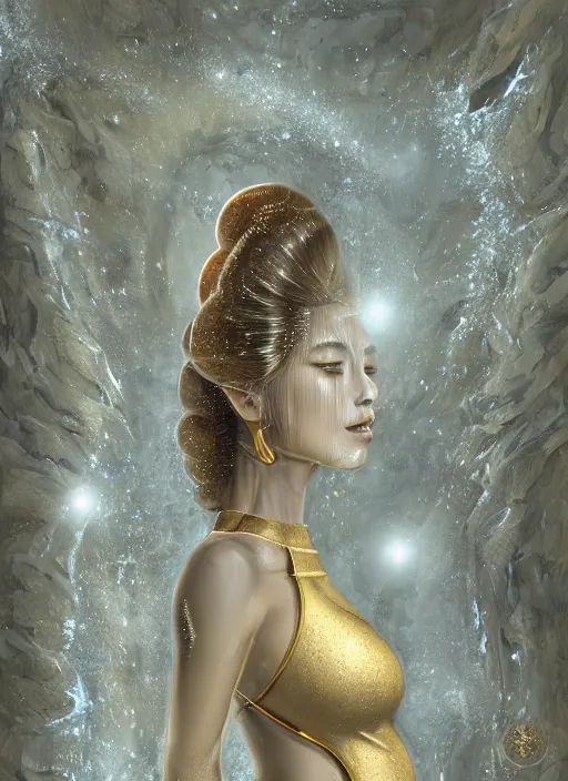 Prompt: portrait of beautiful celestial female Japanese Goddess exposed in cryo chambers wearing gold luxurious interstellar suit, rule of thirds, captivating, fair complexion, coherent face symmetry, face anatomy, relaxing at the rocks formed by water erosion, walls made of beautiful smooth sandstone light beams that shine, polish narrow slots of walls into a striated swirling finish, digital painting, concept art, smooth, sharp focus, from Star Trek 2021, illustration, by WLOP and Ruan Jia and Mandy Jurgens and William-Adolphe Bouguereau, Artgerm