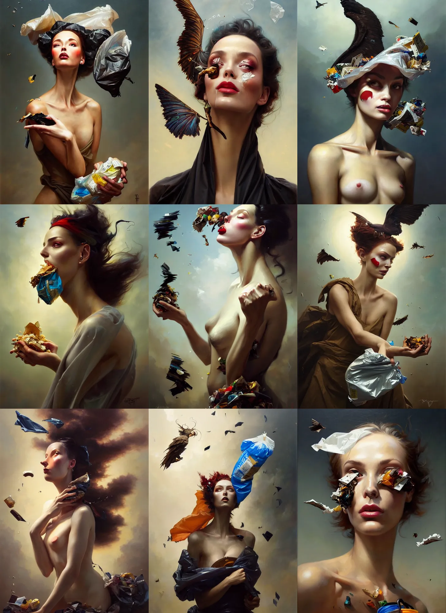 Prompt: fine art portrait oil painting of a beautiful woman with garbage flying into her face, wearing a plastic garbage bag, fine features, perspective, ultra detailed, elegant, intricate, dynamic lighting, hyperrealism, sharp focus, art by peter mohrbacher and tom bagshaw and andrei riabovitchev