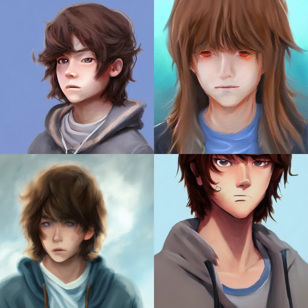 Prompt: concept art portrait of a boy with long fluffy brown hair down to his shoulders, blue eyes, brown hoodie, blush. painterly digital art, artstation, deviant, anime, studio ghibli