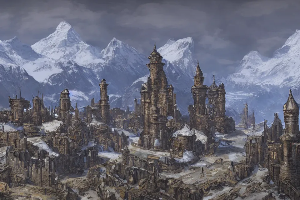Image similar to the garlean empire, industrial citadel of black domes and spires, snow capped mountains