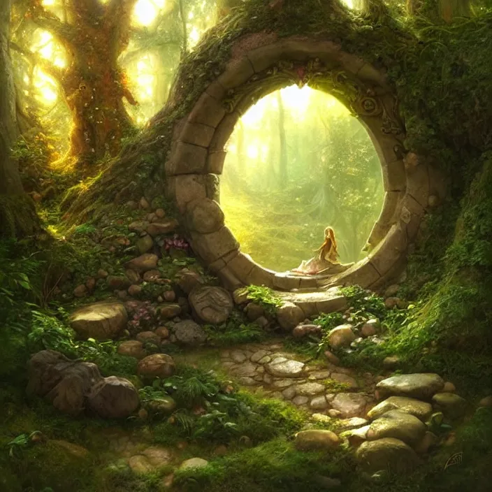 Image similar to Fantasy Magical fairy-tale stone portal in the forest. Round stone portal teleport in trees to other worlds. Fantastic landscape. Magic Altar in the fores, highly detailed, digital painting, artstation, concept art, smooth, sharp focus, illustration, art by artgerm and greg rutkowski and alphonse mucha