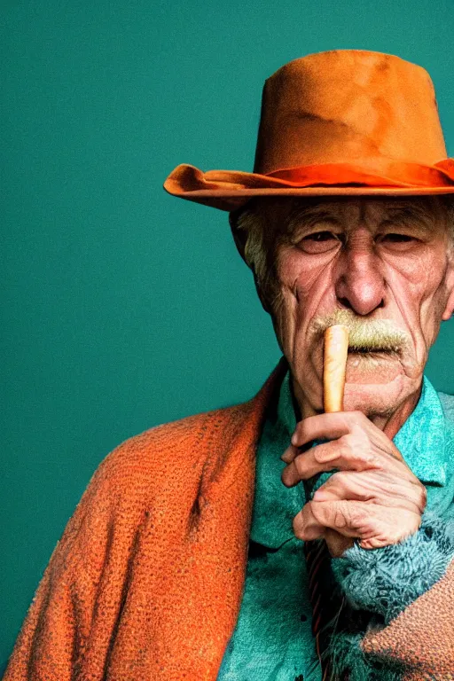 Prompt: insanely moody vaporwave portrait of an old man with hat smoking cigar, motion blurred background, teal and orange colors, vaporwave, photorealism, cinema still, photography, porcelain skin, wrinkles, smooth, volumetric studio lighting, portrait photography, award winning photography, insane details, 8 k high definition, artstation