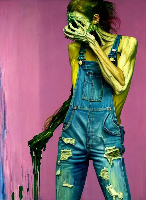 Prompt: an insane, skinny, artist wearing dirty, torn overalls, expressive painting the walls inside a grand messy studio, depth of field, hauntingly surreal, highly detailed painting by francis bacon, edward hopper, adrian ghenie, glenn brown, soft light 4 k in pink, green and blue colour palette, cinematic composition, unreal engine,