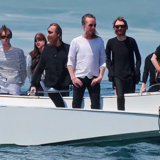 Prompt: edward norton, thom yorke and their groupies on a yacht in the ocean