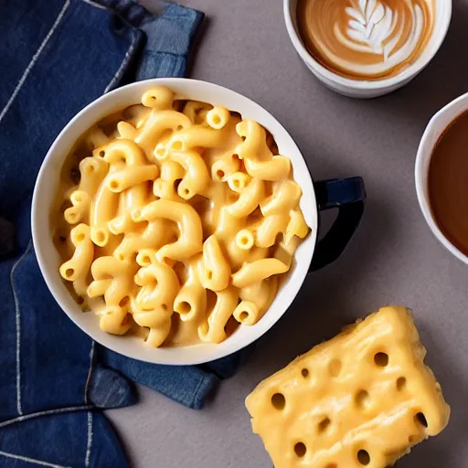 Image similar to realistic photo of a box of mac and cheese with a cup of coffee