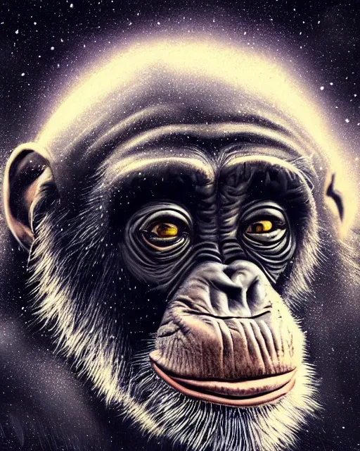 Prompt: very detailed high resolution illustration portrait of a chimpanzee head wearing a helmet, backlit, night covered in stars, surrounded, 3 d, 8 k, extremely detailed, artstation, award winning