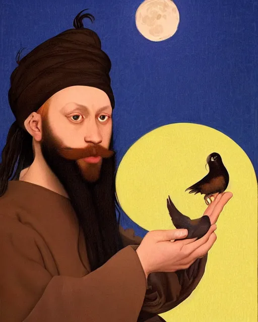 Image similar to portrait of a man with long black hair and beard holding a bird in his hands, full moon in the background, fine portrait, beautiful, concept art, by jan vermeer, style of tomer hanuka