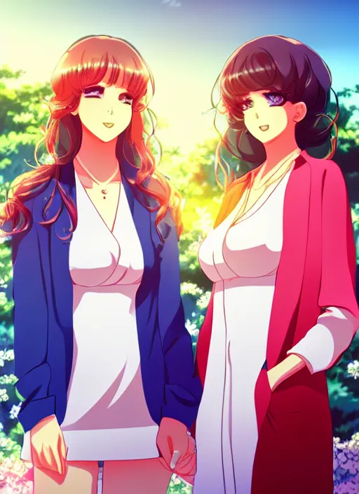 Prompt: two beautiful mothers in a summer home, sophisticated clothes, gorgeous faces, thick lines, cinematic lighting, detailed anime art