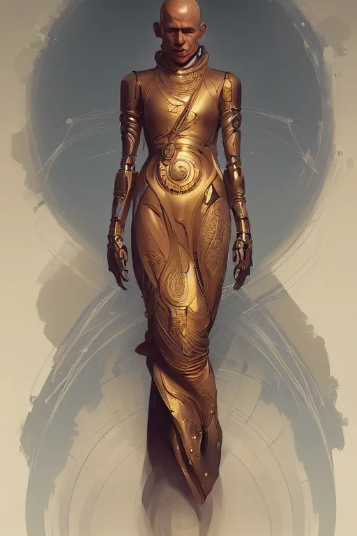 Prompt: Full body robotic monk, portrait, elegant, intricate, digital painting, artstation, concept art, smooth, sharp focus, illustration, art by artgerm and greg rutkowski and alphonse mucha