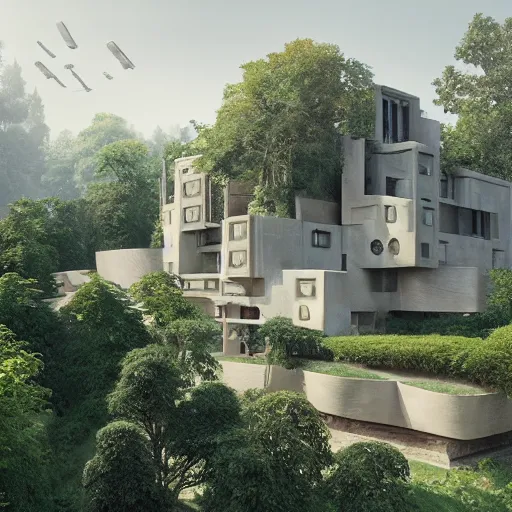 Image similar to beige house with big central garden, on a hill surrounded by big trees, dramatic lighting, artstation, matte painting, raphael lacoste, simon stalenhag, frank lloyd wright, zaha hadid, drone view