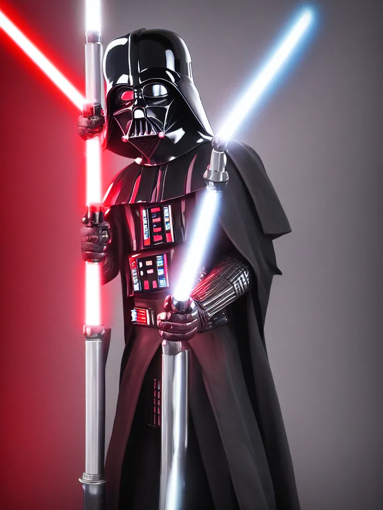 Prompt: darth vader lightsaber hilt, studio photo, hdr, dynamic lighting, red and chrome colors only, chrome, metallic, shiny, reflective, 8 k